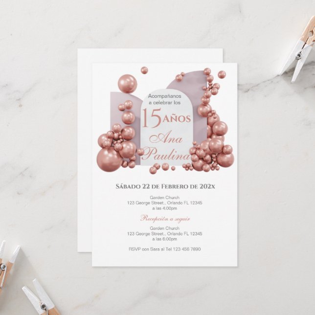 Invitation Carton d'invitation Ballons Roses Quinceañera Espa (Devant/Arrière en situation)