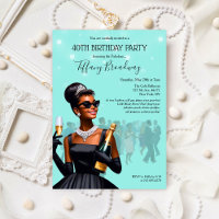 Carton d'invitation bleu de robe noire pour annive