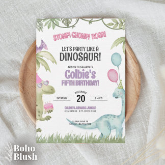 Invitation Carton d'invitation d'anniversaire de fille dinosa