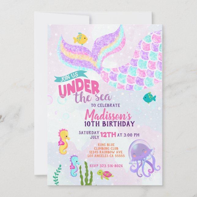 Invitation Carton d'invitation d'anniversaire de sirène paill (Devant)