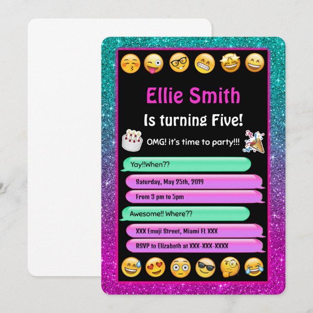 Invitation Carton d'invitation d'anniversaire Emoji modifiabl (Devant / Derrière)