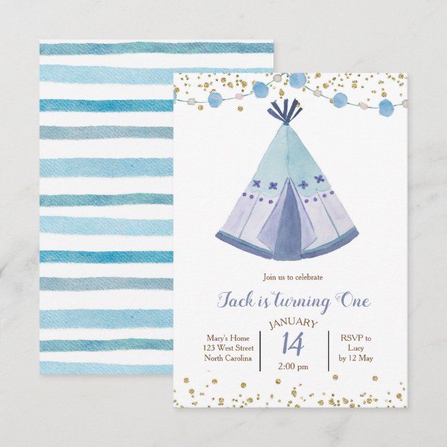 Invitation Carton d'invitation d'anniversaire garçon teepee t (Devant / Derrière)