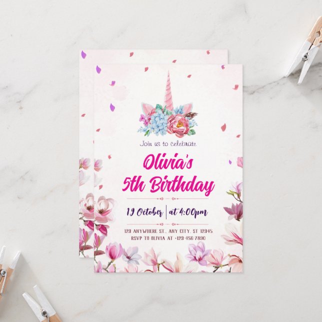 Invitation Carton d'invitation d'anniversaire licorne à l'aqu (Devant/Arrière en situation)