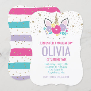 Invitation Carton d'invitation d'anniversaire Licorne Arc-en-