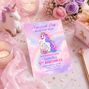 Invitation Carton d'invitation d'anniversaire Licorne Arc-en-