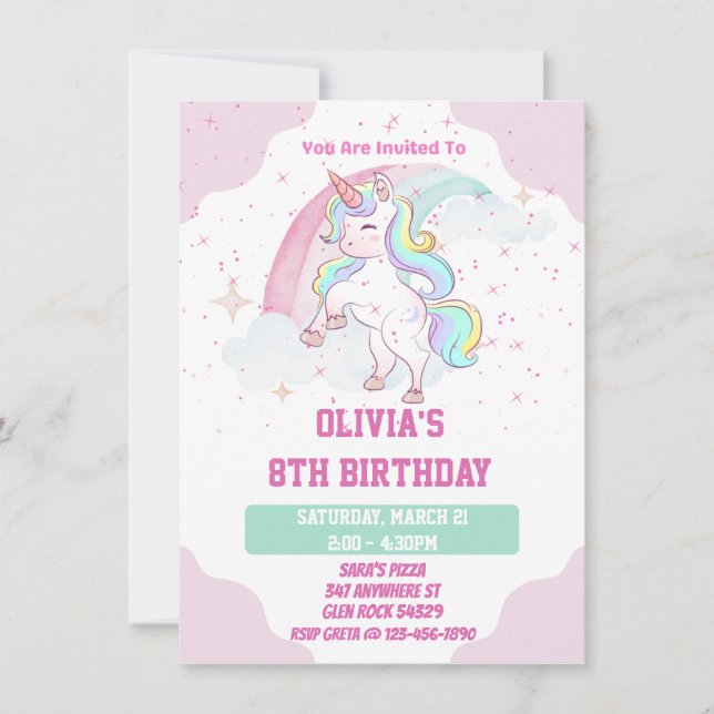 Invitation Carton d'invitation d'anniversaire licorne arc-en- (Devant)