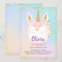 Carton d'invitation d'anniversaire Licorne Gâteau