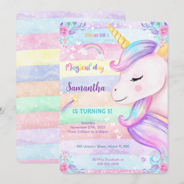Invitation Carton d'invitation d'anniversaire Licorne Magique (Devant / Derrière)