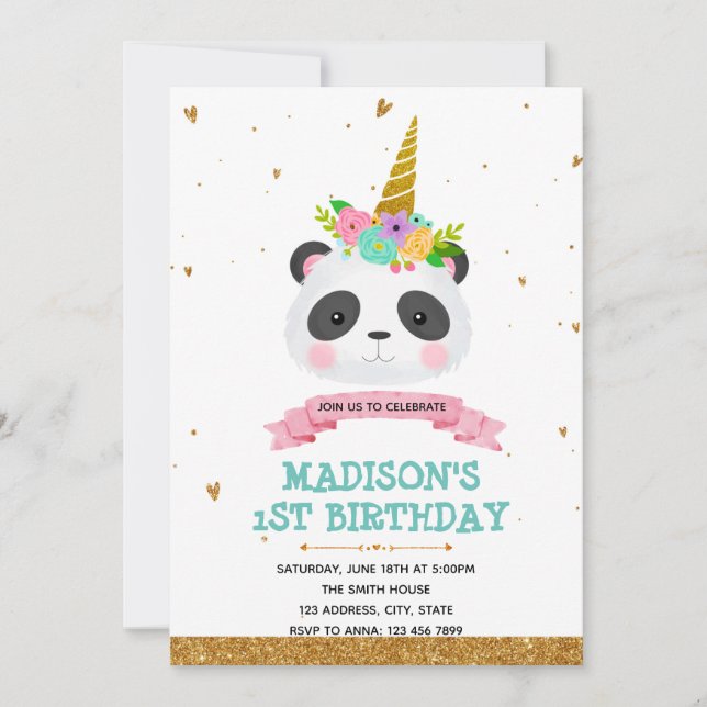 Invitation Carton d'invitation d'anniversaire licorne panda (Devant)