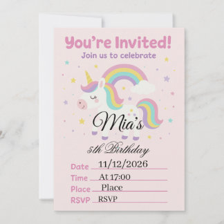 Invitation Carton d'invitation d'anniversaire Licorne Rose Ma