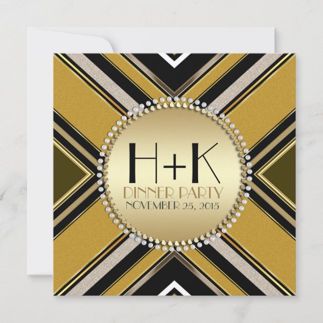 Invitation Carton d'invitation de dîner Art déco couleur or e (Devant)