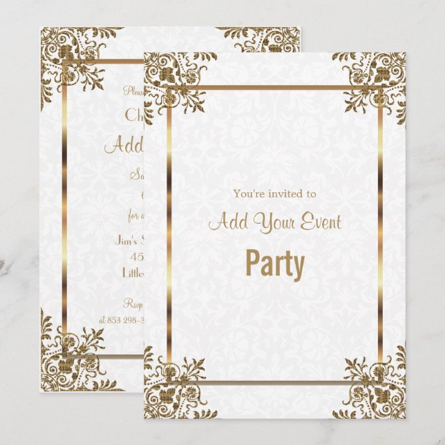 Invitation Carton d'invitation de fête en Damas blanc et or p (Devant / Derrière)