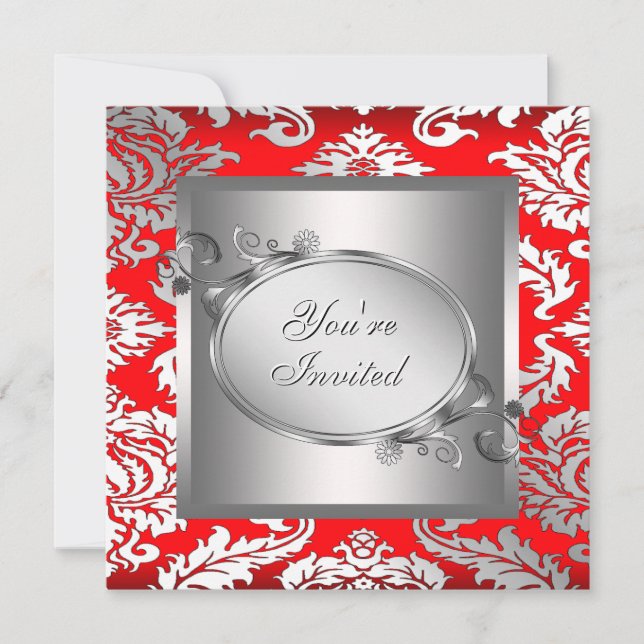 Invitation Carton d'invitation de fête en damas rouge argent  (Devant)