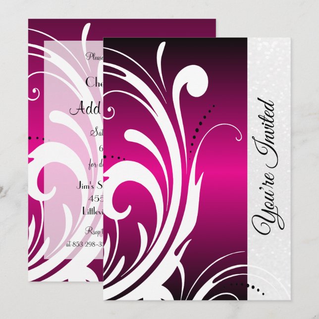Invitation Carton d'invitation de fête Rose vif et tourbillon (Devant / Derrière)