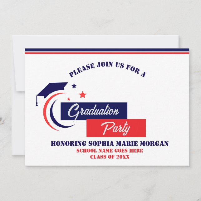 Invitation Carton d'invitation de graduation bleu rouge blanc (Devant)
