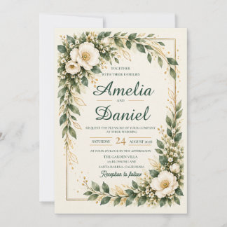 Invitation Carton d'invitation de mariage à cadre doré et flo