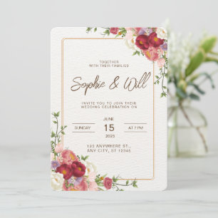 Invitation Carton d'invitation de mariage à fleur rouge foncé