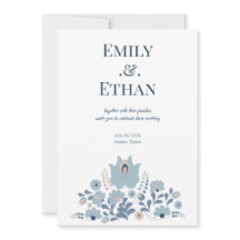 Carton d'invitation de mariage à fleurs folk bleu