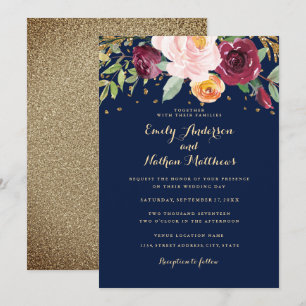 Invitation Carton d'invitation de mariage à paillettes floral