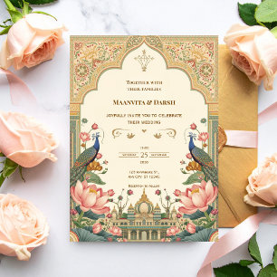 Invitation Carton d'invitation de mariage au lotus et au paon