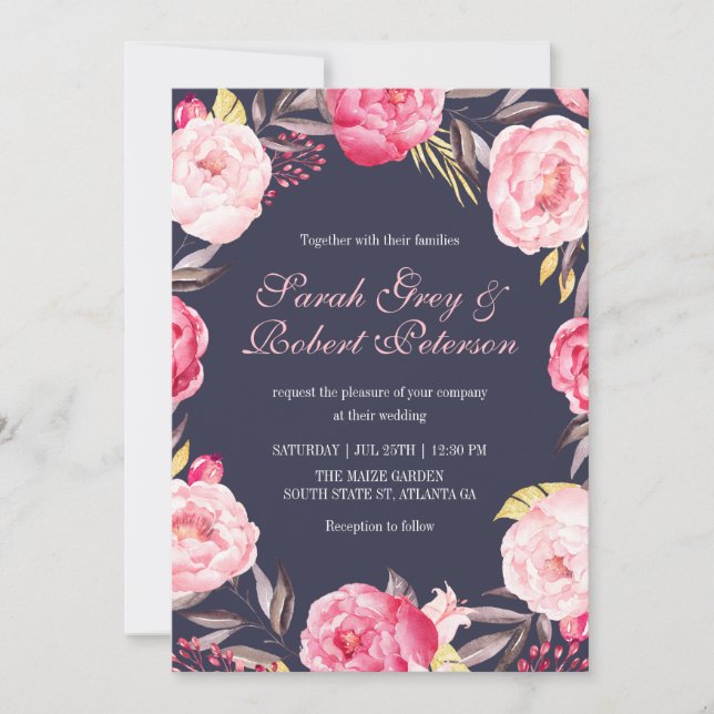 Invitation Carton d'invitation de mariage aux rayures et fleu (Devant)