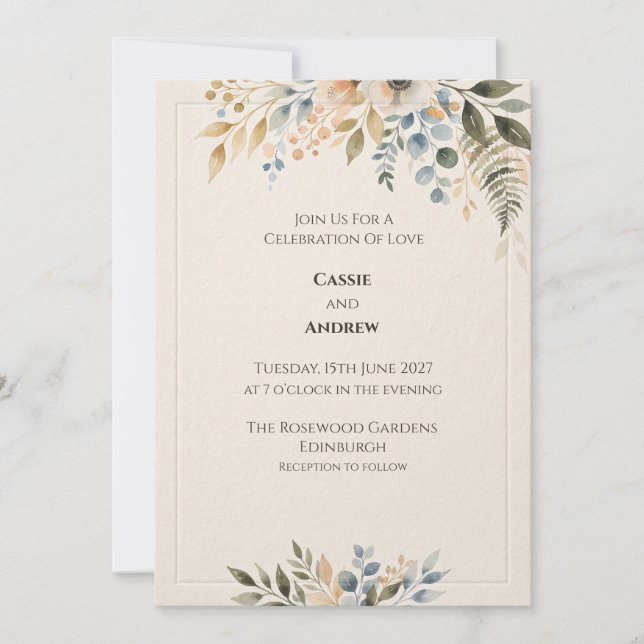 Invitation Carton d'invitation de mariage botanique bleu vert (Devant)