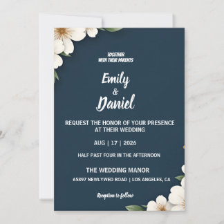 Invitation Carton d'invitation de mariage floral bleu marine