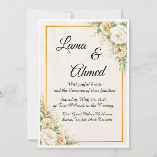 Invitation Carton d'invitation de mariage floral doré et ivoi