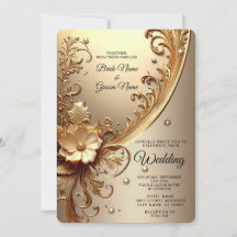 Carton d'invitation de mariage floral orné doré