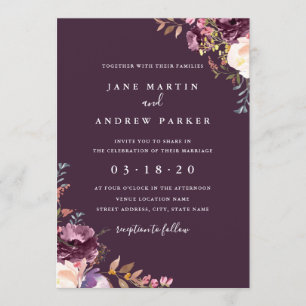 Invitation Carton d'invitation de mariage floral pourpre
