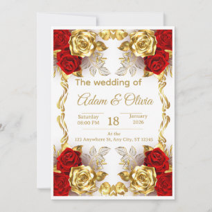 Invitation Carton d'invitation de mariage floral rouge et or