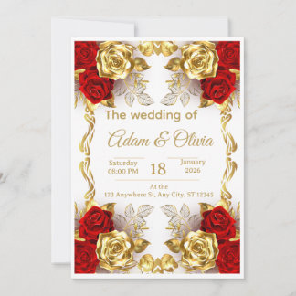 Invitation Carton d'invitation de mariage floral rouge et or