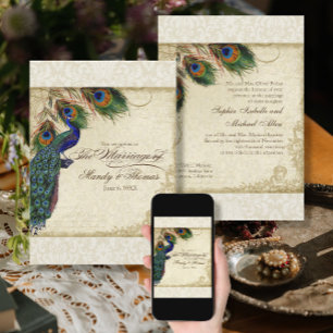 Invitation Carton d'invitation de mariage formel Paon & Plume