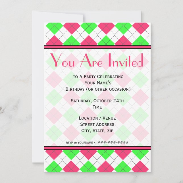 Invitation Carton d'invitation de mode à carreaux rose vif et (Devant)