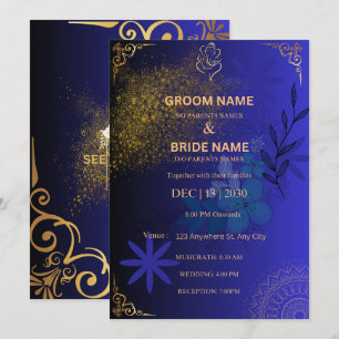 Invitation Carton d'invitation élégant bleu et or pour mariag