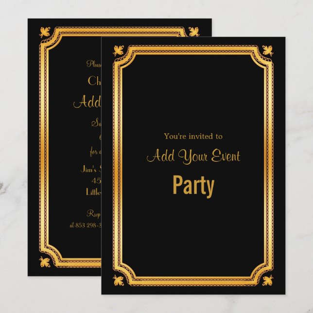 Invitation Carton d'invitation élégant cadre noir et or (Devant / Derrière)