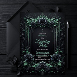 Invitation Carton d'invitation élégant floral noir et vert po