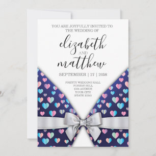 Invitation Carton d'invitation élégant Nœud et Cœur à pois