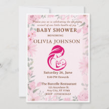 Carton d'invitation élégant rose floral pour la ba
