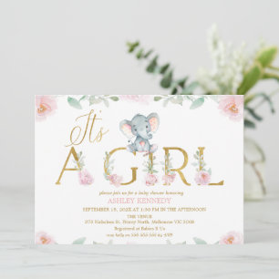 Invitation Carton d'invitation Fille éléphant rose fleuri pou