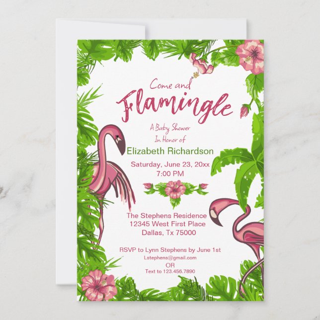 Invitation Carton d'invitation Flamants roses et fleurs tropi (Devant)