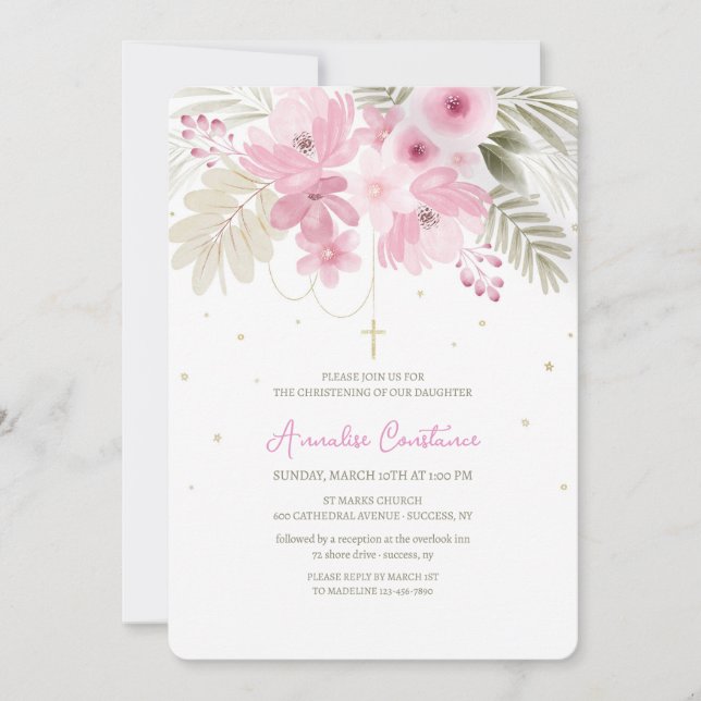 Invitation Carton d'invitation Fleurs roses pour baptême (Devant)