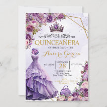Carton d'invitation floral violet pour Quinceanera