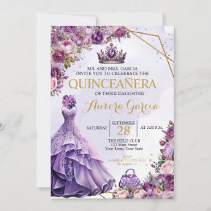 Invitation Carton d'invitation floral violet pour Quinceanera