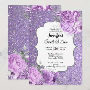 Invitation Carton d'invitation glitter violet floral pour un