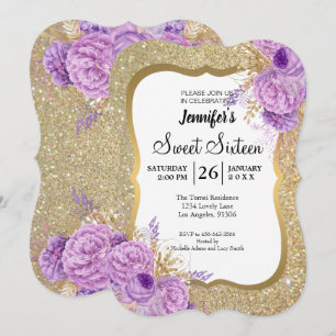 Invitation Carton d'invitation glitter violet floral pour un 