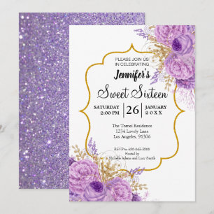 Invitation Carton d'invitation glitter violet floral pour un 