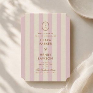Invitation Carton d'invitation monogrammé à rayures rose pâle