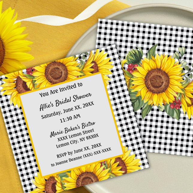 Invitation Carton d'invitation personnalisé à motif gingham e (Bridal Shower invitation - Sunflowers and Gingham Rustic Country Style)