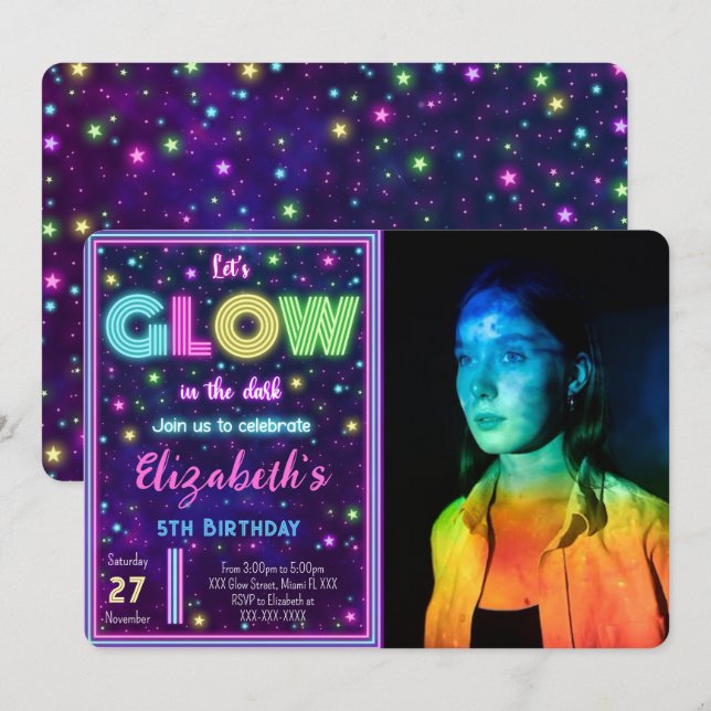 Invitation Carton d'invitation photo à effet de Glow modifiab (Devant / Derrière)